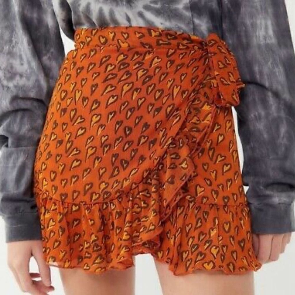 Urban Outfitters Orange Heart Print Ruffle Faux Wrap Mini Skirt